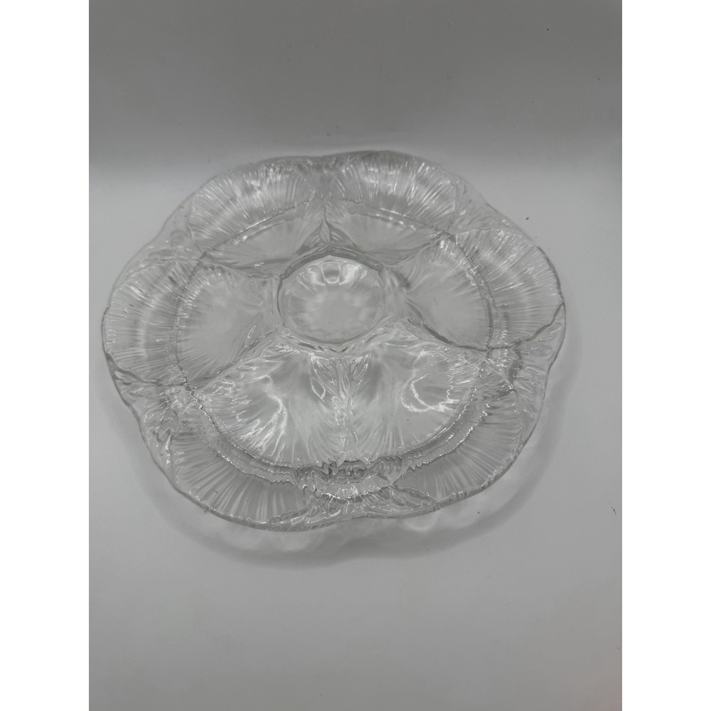 L.E. Smith Clear Glass Oyster Plate 6 Well Seafood Serving Dish Vintage 9"